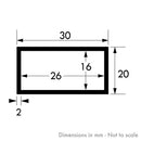 30mm x 20mm x 2mm Brushed Polished Aluminium Rectangular Tube