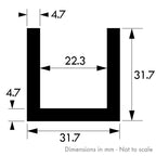 31.7mm x 31.7mm x 4.7mm (1/4" x 1/4" x 3/16") Brushed Polished Aluminium Channel