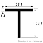 38.1mm x 38.1mm x 6.3mm (1 1/2" x 1 1/2" x 1/4") Aluminium T-Section
