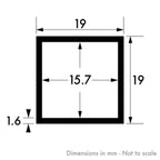 19mm x 19mm x 1.6mm (3/4" x 3/4" x 16swg) Mill Finish Aluminium Square Tube