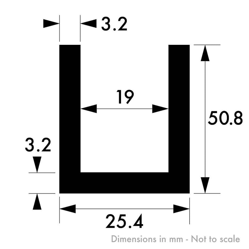 25.4mm x 50.8mm x 3.2mm (1" x 2" x 1/8") Aluminium Channel